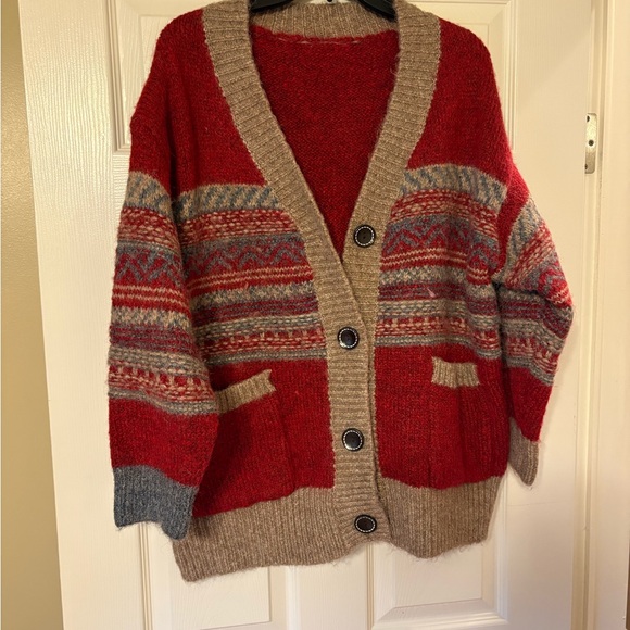 POL Sweaters - POL Cardigan Sweater Red Fair Isle Button Front Cozy Boho Chunky Knit New
